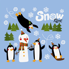 Obraz premium Illustration of some penguins playing in the snow and making a snowman