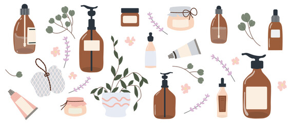 Homeopathy and natural beauty, vector elements isolated on white background. Hand packaging, jars, creams, dispenser, spa, flowers, lavender and skin care products for banner, advertising, logo and pa