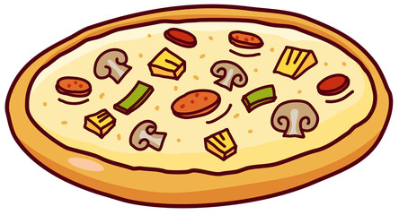 Pizza with topping Mushroom, ham, bacon and pineapple