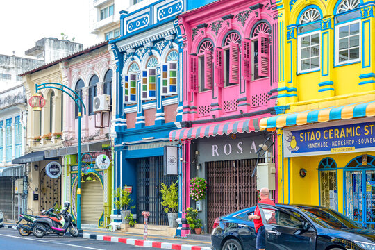 PHUKET,THAILAND 14 april 2022 - landscape of Phuket old town with old buildings in Sino Portuguese style restoration,is a very famous tourist destination of Phuket.