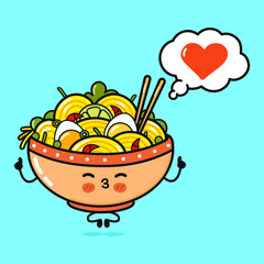 Cute funny ramen bowl doing yoga with speech bubble. Vector hand drawn cartoon kawaii character illustration icon. Isolated on blue background. Ramen bowl in love character concept
