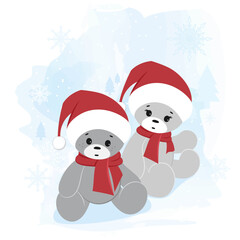 Two teddy bears in a Santa Claus hat on a winter background. Christmas greeting card.