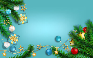 Merry Christmas and Happy New Year. Xmas decorative design elements on red background. Horizontal Christmas posters, greeting cards. Objects viewed from above.