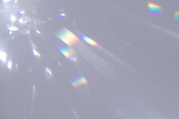 Blurred rainbow light refraction texture overlay effect for photo and mockups. Organic drop diagonal holographic flare on a white wall. Shadows for natural light effects - 540280425