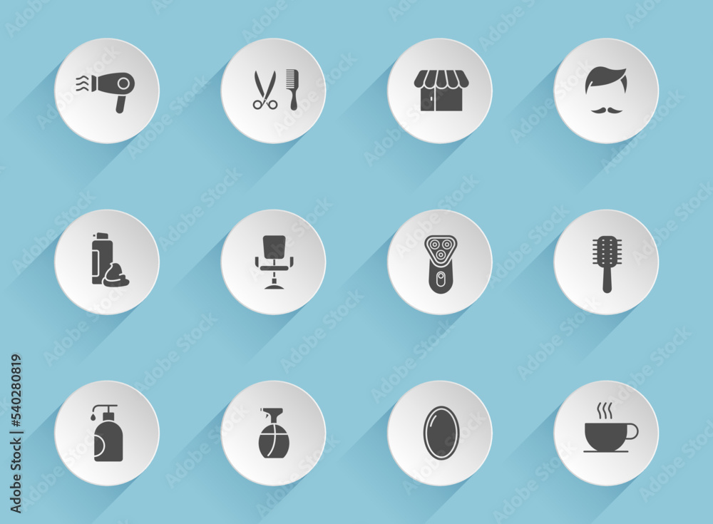 Aufkleber barbershop vector icons on round puffy paper circles with transparent shadows on blue background. ba