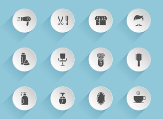 barbershop vector icons on round puffy paper circles with transparent shadows on blue background. barbershop stock vector icons for web, mobile and user interface design