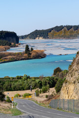 Stunning view of Rakaia Gorge Bridge and Rakaia River in inland Canterbury on New Zealand's South Island. Mountains in the background.
