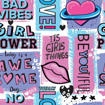 Girls seamless pattern with calligraphic slogan, hearts, words  . background for texylie, graphic tees, kids wear. Wallpaper for teenager girls. Fashion style