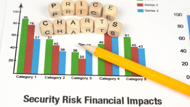 Business concept. Moving the camera from bottom to top from business charts to cubes with the inscription - Price Charts