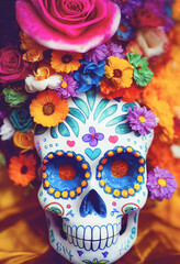 Colorful candy sugar skulls with flowers on Day of the Dead festival in Mexico.