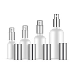 Set of Perfume Bottles With Metal Caps and Sprayers, Various Sizes, Isolated on White Background. Vector Illustration