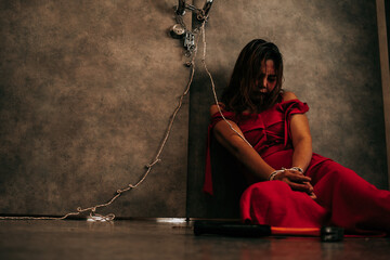 A woman in a red dress was bound and seated on the floor in a terrifying room. Victims of violence, human trafficking, stop abusing violence, kidnapping, and copy space.