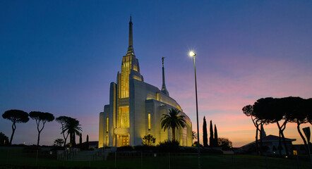 The baroque revival styled Rome Italy Temple mormon church in Rome at dusk	