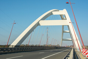 The Pentele Bridge or M8 Danube Bridge spanning river Danube between Dunavecse and Dunaujvaros in Hungary