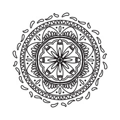 Fototapeta na wymiar Circular mandala black and white pattern, decorated with Bohemian cool mandala art, henna flowers, Mehndi rite and monochrome symmetric. Coloring book page mandal, Anti-stress therapy. 