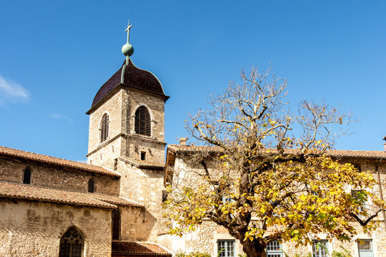Fortified medieval church of P&eacute;rouges, famous French village, Auvergne Rh&ocirc;ne Alpes, Ain, France.