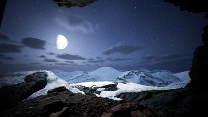 panoramic view to the majestic mountain at night with big moon. 3d render
