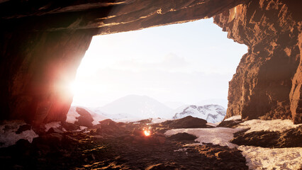 Inside the ice cave background. Incredible view from the cave to the magnificent beautiful mountain panorama. 3d render