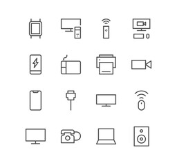 Set of electronic and devices icons, smart speaker, video camera, monitor, phone, smart watch, cable and linear variety vectors.