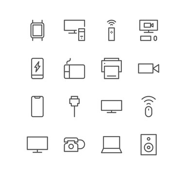 Set of electronic and devices icons, smart speaker, video camera, monitor, phone, smart watch, cable and linear variety vectors.