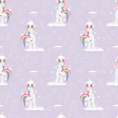 Seamless pattern surprised cute unicorn taking shower with foam and bubbles pastel colors