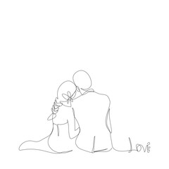 Backside of young bride and her groom sitting together in single line drawing style.Romantic couple in wedding’s days  continue line.Vector illustration isolate flat design concept of Valentine’s Day.