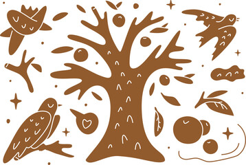 Cozy Linocut autumn garden tree with birds set. Cozy and warm fall clipart. Magic garden.	