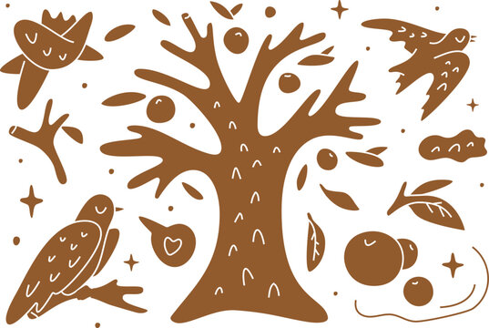 Cozy Linocut Autumn Garden Tree With Birds Set. Cozy And Warm Fall Clipart. Magic Garden.	