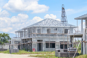 construction residential new house with prefabrication system in progress at building site