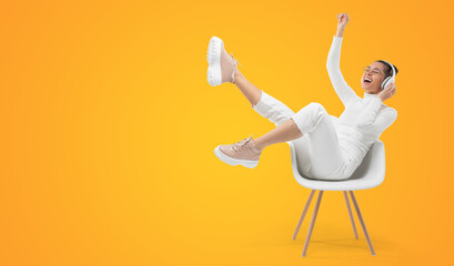 Horizontal banner of happy girl listening to music in white chair, wearing wireless headhones