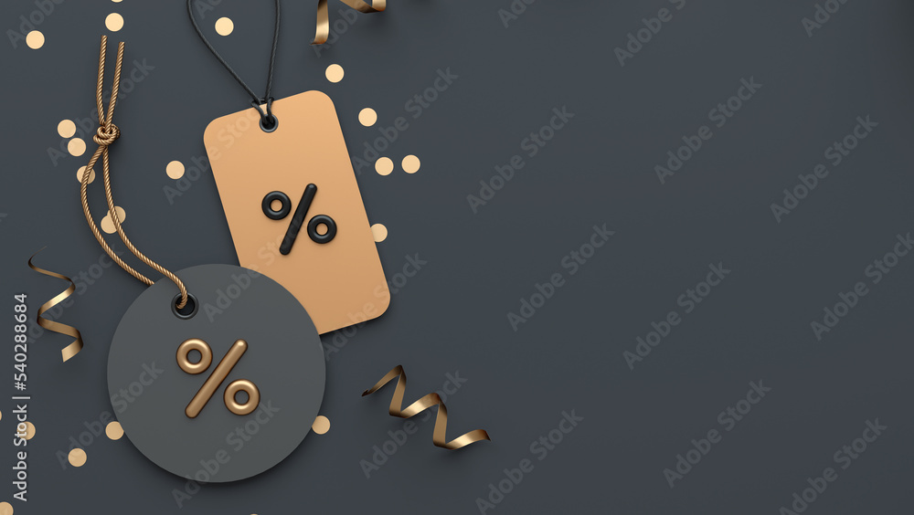 Poster black friday banner background template with two tags and copy space in flat lay 3d rendering. promo