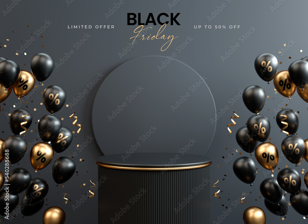 Poster black friday banner background template with a podium and balloons on a dark scene for product stand
