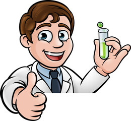 Cartoon Scientist Holding Test Tube Sign