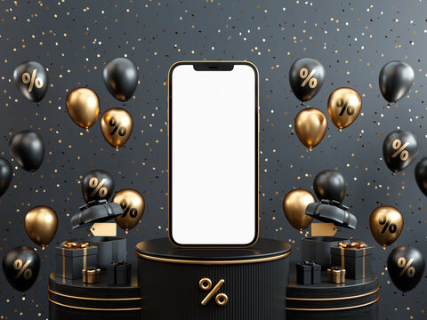 Black Friday banner background with mobile phone blank screen mockup, balloons and gifts on a dark podium platforms in 3D illustration
