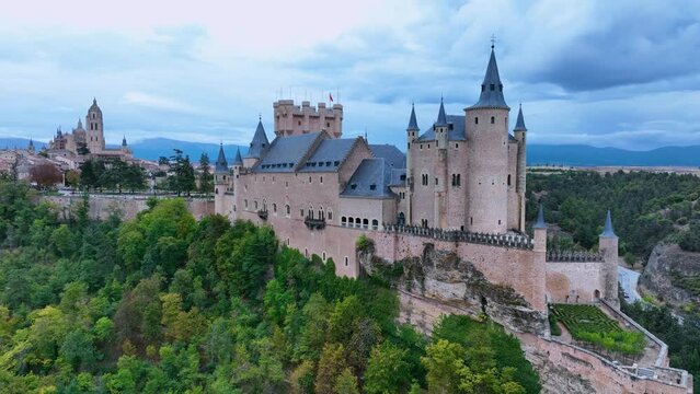 Panoramic view of the city of Segovia with the Alcazar and the Cathedral. Aerial view from a drone. Province of Segovia. Castile and Leon. Spain. Europe