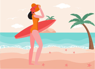 Obraz na płótnie Canvas Holiday vector concept: Sexy woman standing in the beach while holding surfing board