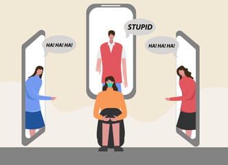 Cyber bullying in social networks and online abuse concept. Vector flat cartoon illustration of upset girl character. Young woman crying in front of mobile phone screen due to haters messages