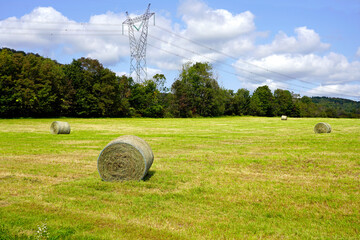 A picture haystack hay bales with electricity pylon