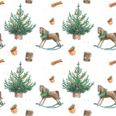 Seamless pattern, vintage wooden Christmas and New Year decorative elements, fir tree, rocking horse © AnnaNenasheva