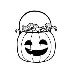 Jack'O pumpkin basket to collect candy on Halloween day, black and white