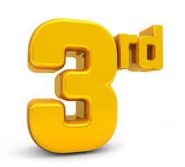 Third Place 3d isolated on white background. Winner Number Three. Third Place 3d. 3rd Shiny 3d number made of gold. Trophy for Third  place. 3d rendering