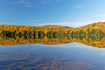 Perfect reflections on the waters of Monroe Lake, Mont-Tremblant National Park, Quebec