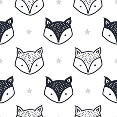 Cute hand drawn seamless pattern with Fox and star. Childish Cartoon Animals Background. design for fabric, wrapping, textile, wallpaper and more
