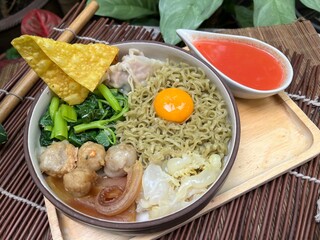 Vegetable Noodles and meat ball with red sauce