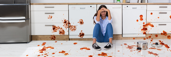 Woman Sitting On Kitchen Floor With Spilled Food
