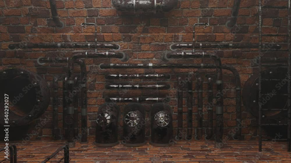 Poster flying through an endless 3d steampunk tunnel. sewerage with pipes in steampunk style. 3d render ani