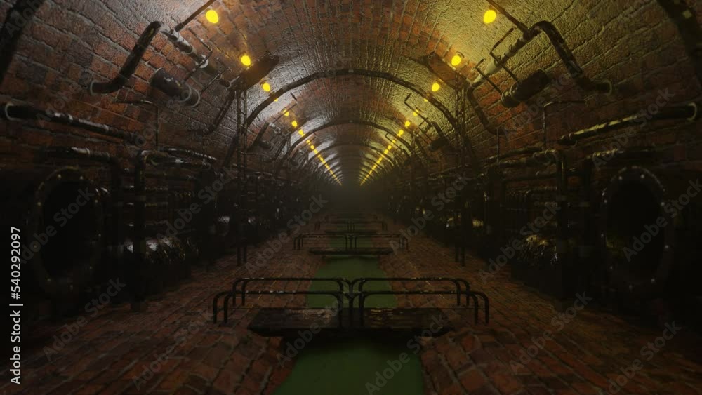 Poster flying through an endless 3d steampunk tunnel. sewerage with pipes in steampunk style. 3d render ani