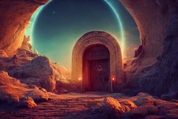 Magic portal with arch, Open door to alternate dimension fantasy scene, 3D rendering, raster illustration.