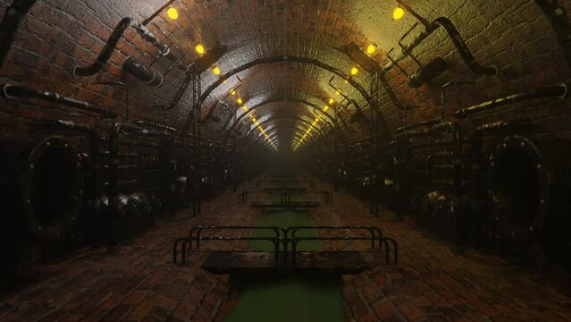 flying through an endless 3D steampunk tunnel. sewerage with pipes in steampunk style. 3d render animation