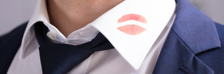 Businessman With Lipstick Kiss Marks On Shirt's Collar - obrazy, fototapety, plakaty